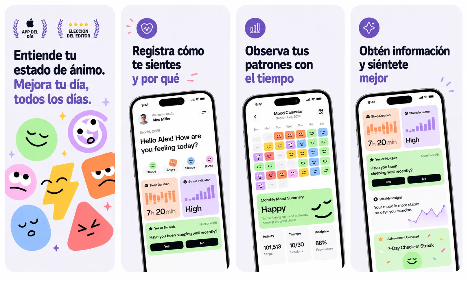 Set de capturas para una app de seguimiento del estado de ánimo