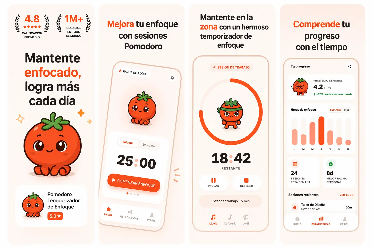 Set de capturas para una app de pomodoro y enfoque